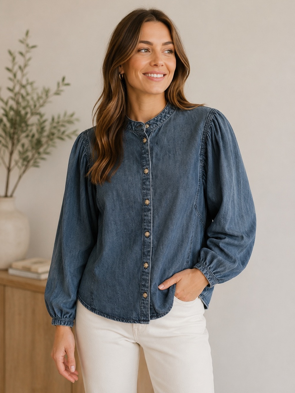 Express Denim Button Down Top Large Mandarin Collar Puffy Sleeve Coastal Preppy